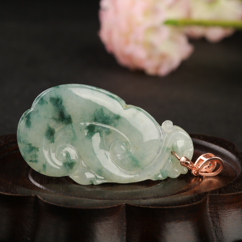 银镶锆石糯冰种飘花翡翠如意吊坠-红掌柜