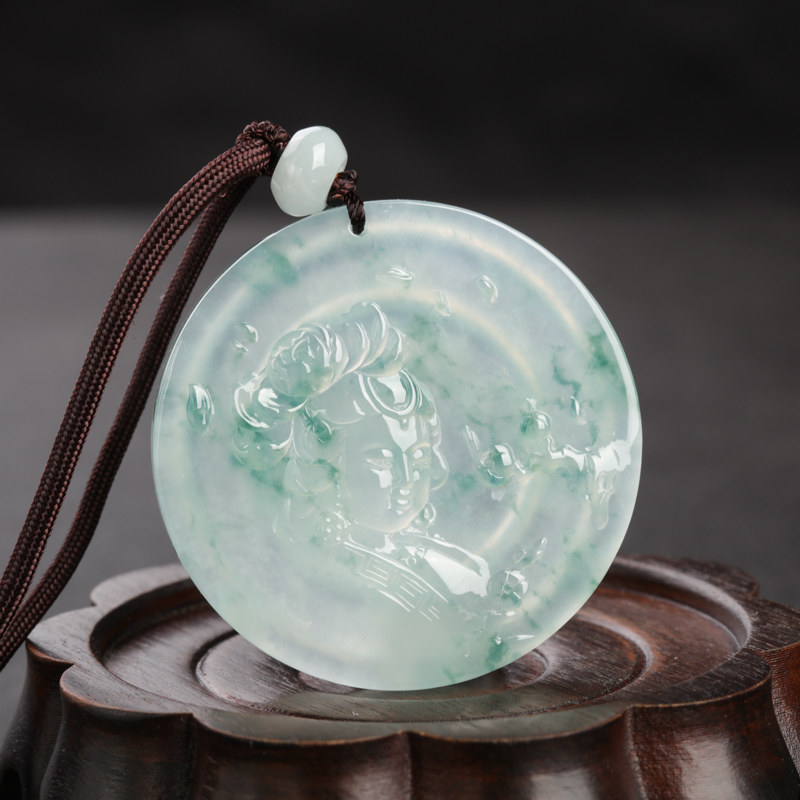 缅甸天然糯冰种飘翠翡翠闭月羞花吊坠-红掌柜