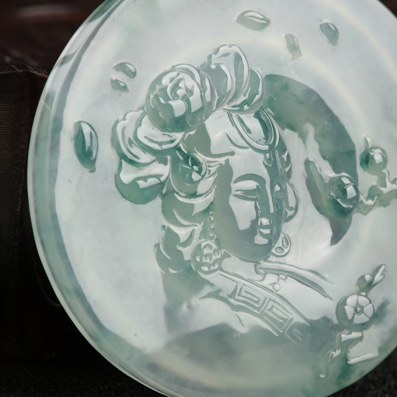 缅甸天然糯冰种翡翠闭月羞花吊坠-红掌柜