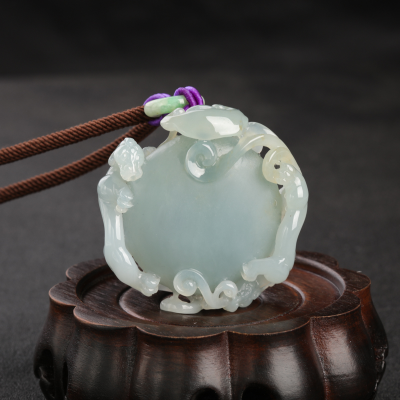 缅甸天然糯种蓝水翡翠二龙戏珠吊坠-红掌柜