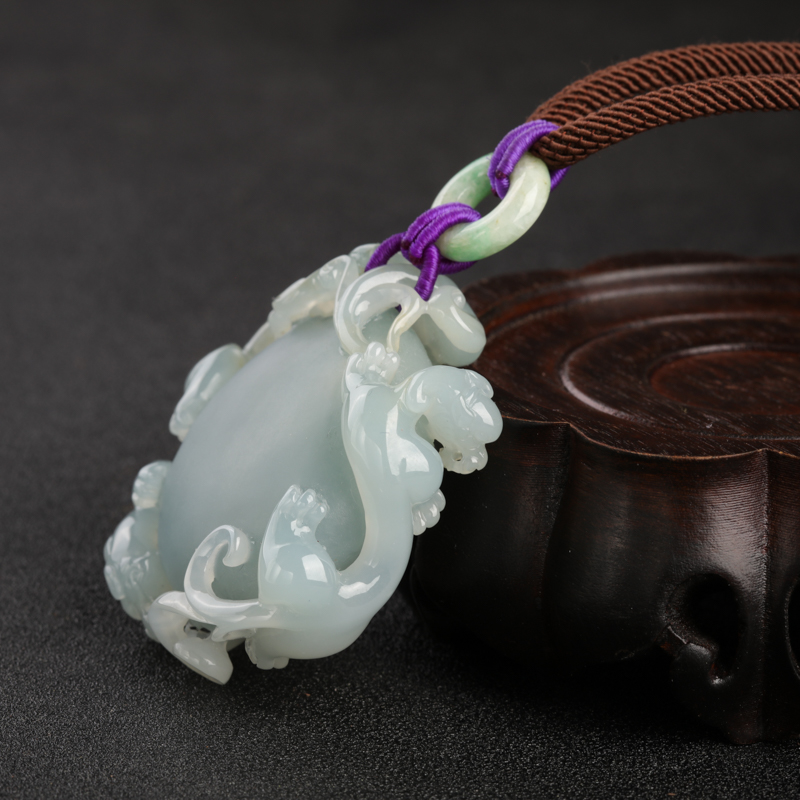 缅甸糯种蓝水翡翠二龙戏珠吊坠-红掌柜