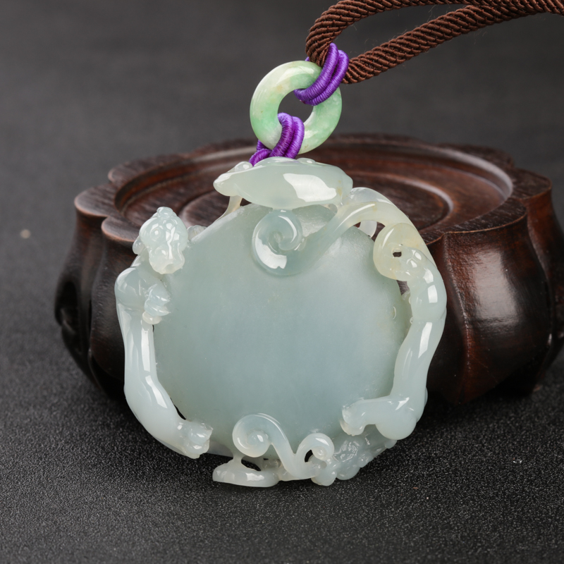 缅甸天然蓝水翡翠二龙戏珠吊坠-红掌柜