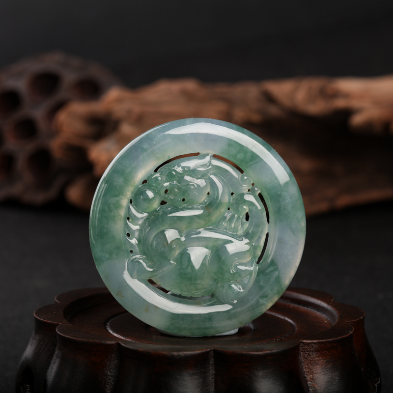 天然缅甸糯冰种飘花翡翠平安麒麟吊坠-红掌柜