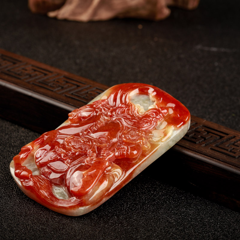 天然豆种红翡关羽吊坠-红掌柜