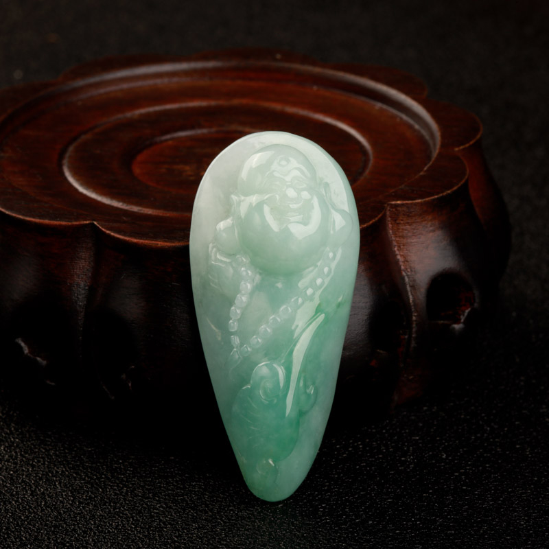 缅甸天然糯种飘绿花翡翠弥勒佛吊坠-红掌柜