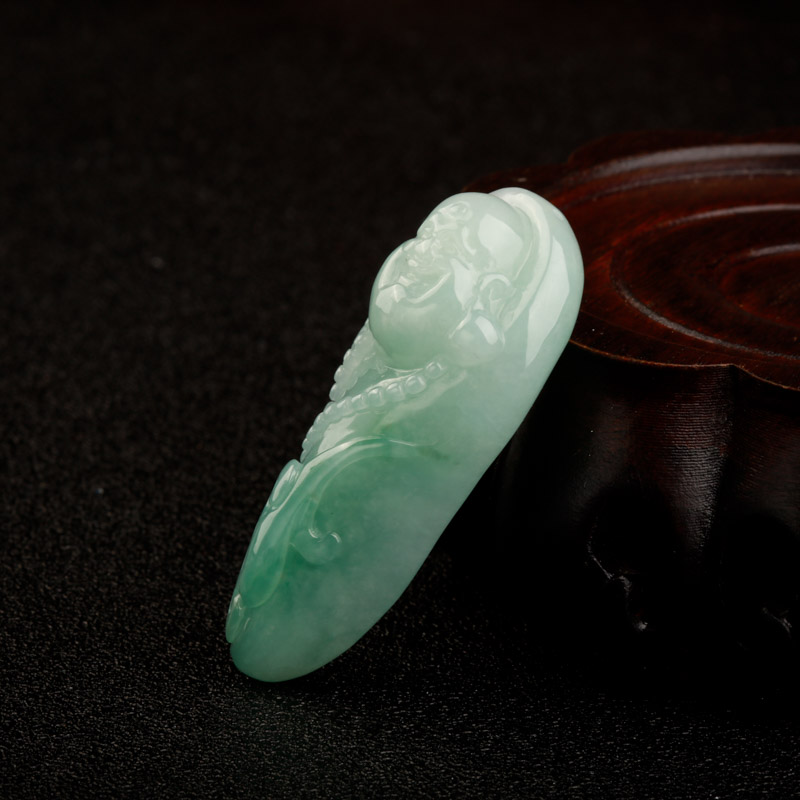 缅甸糯种飘绿花翡翠弥勒佛吊坠-红掌柜