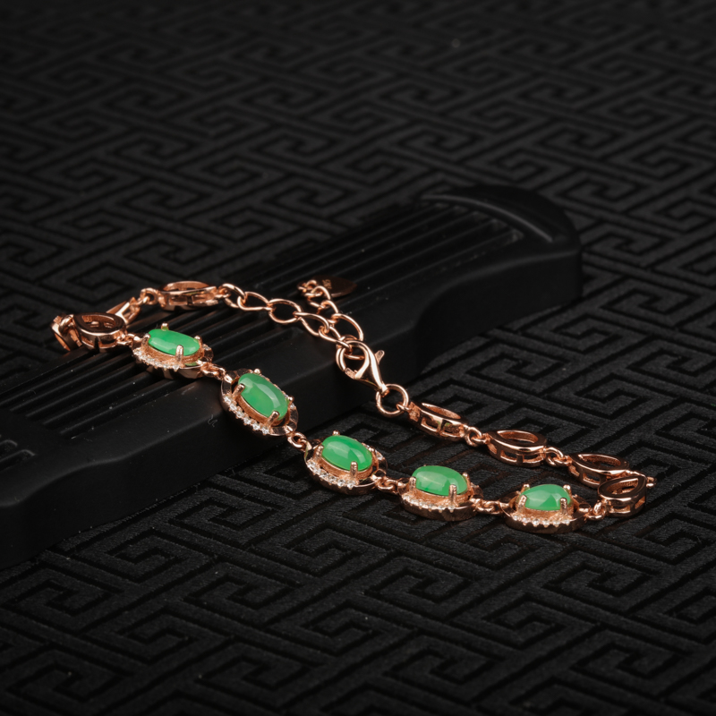 银镶天然糯冰种苹果绿翡翠手链-红掌柜