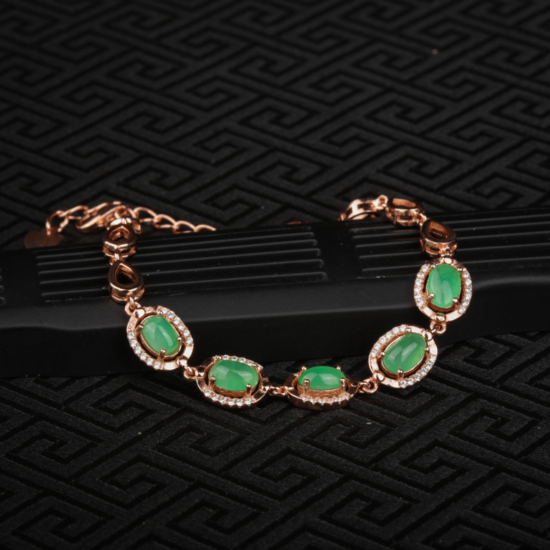 银镶缅甸糯冰种苹果绿翡翠手链-红掌柜