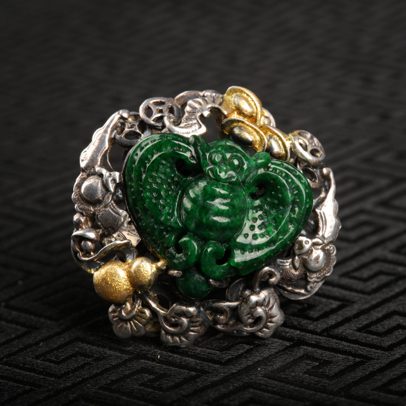 银镶干青种翡翠戒指-红掌柜