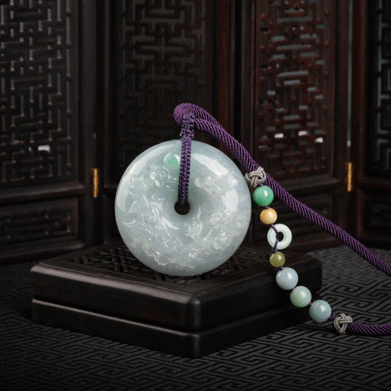 缅甸天然糯冰种翡翠花开富贵吊坠-红掌柜