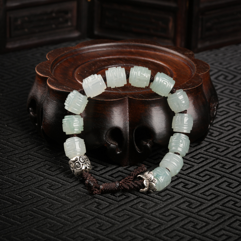 缅甸天然糯冰种翡翠回纹桶珠手串-红掌柜