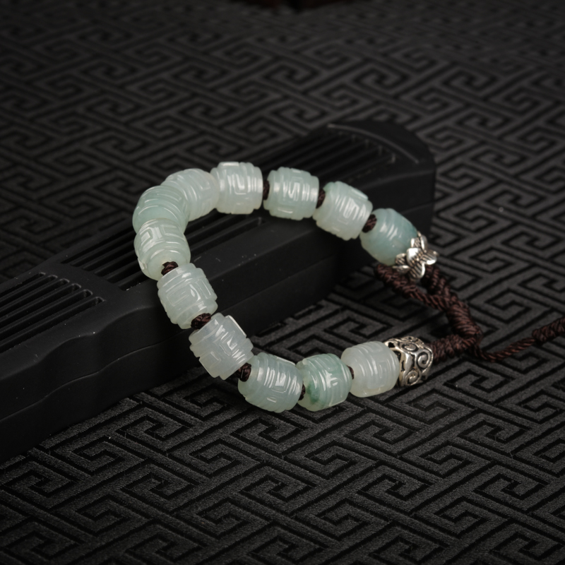 天然糯冰种翡翠回纹桶珠手串-红掌柜