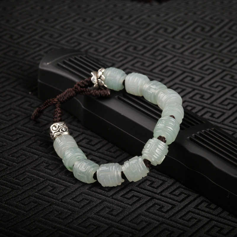 缅甸糯冰种翡翠回纹桶珠手串-红掌柜