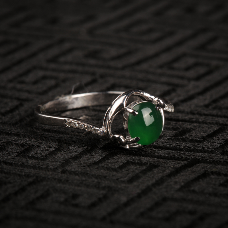 缅甸天然18K金镶糯冰种翠绿翡翠戒指-红掌柜