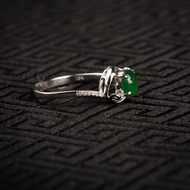 天然18K金镶糯冰种翠绿翡翠戒指-红掌柜