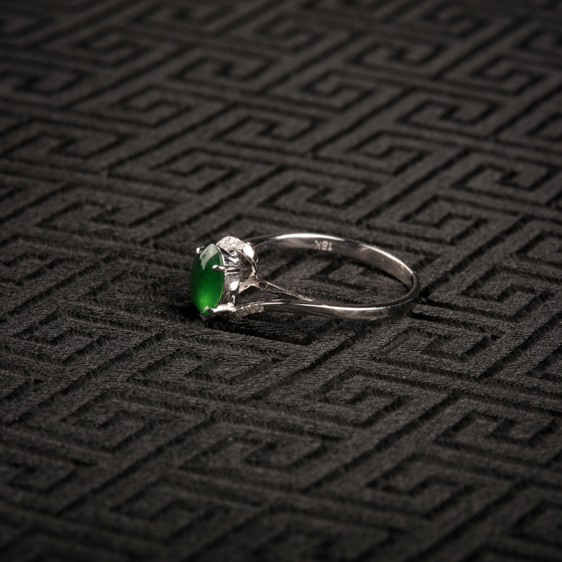 天然18K金镶糯冰种翠绿翡翠戒指-红掌柜