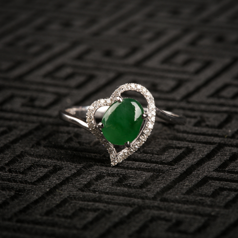 天然18K金镶糯冰种翠绿翡翠戒指-红掌柜