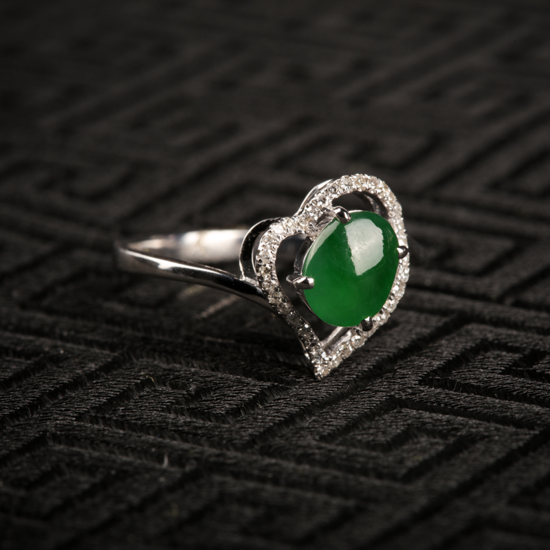 缅甸18K金镶糯冰种翠绿翡翠戒指-红掌柜