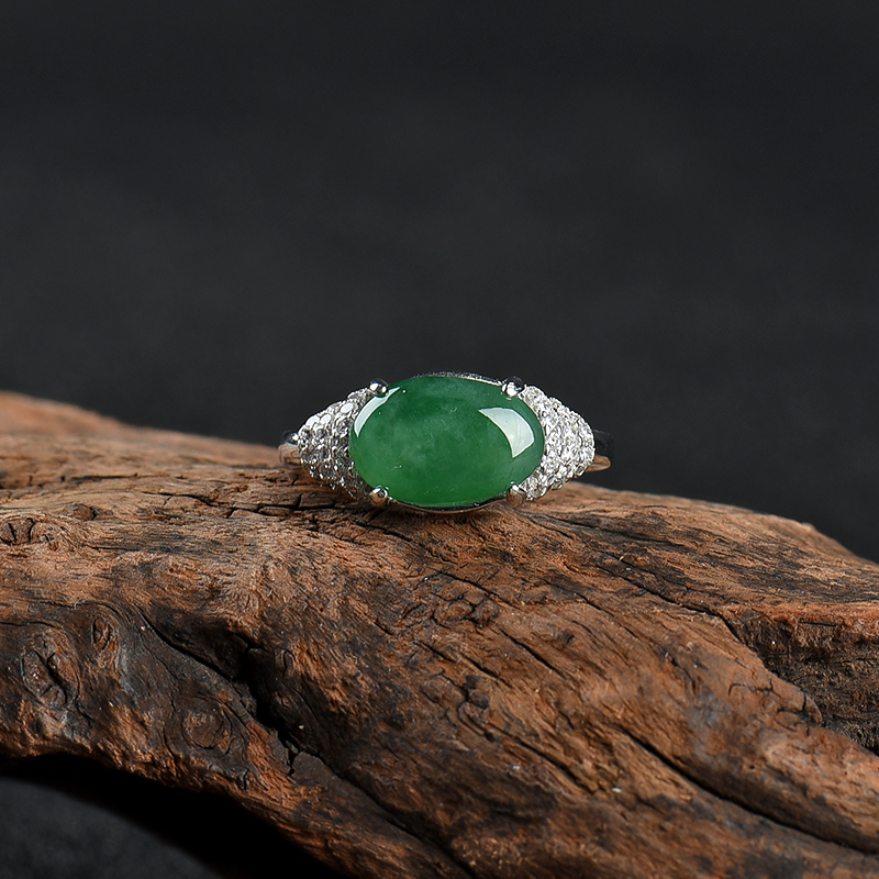 银镶糯冰种深绿翡翠戒指-红掌柜
