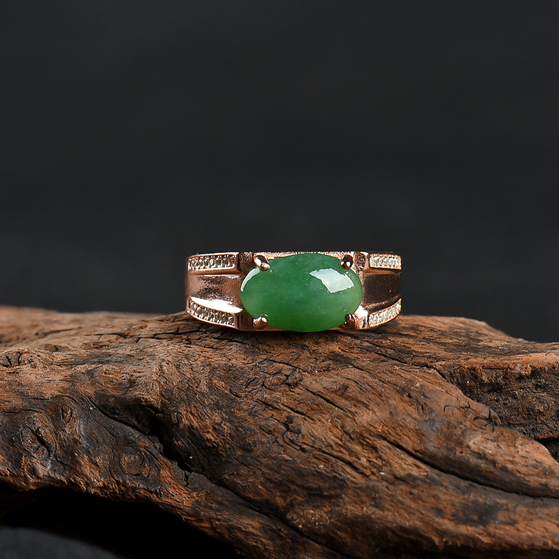 银镶糯种深绿翡翠戒指-红掌柜
