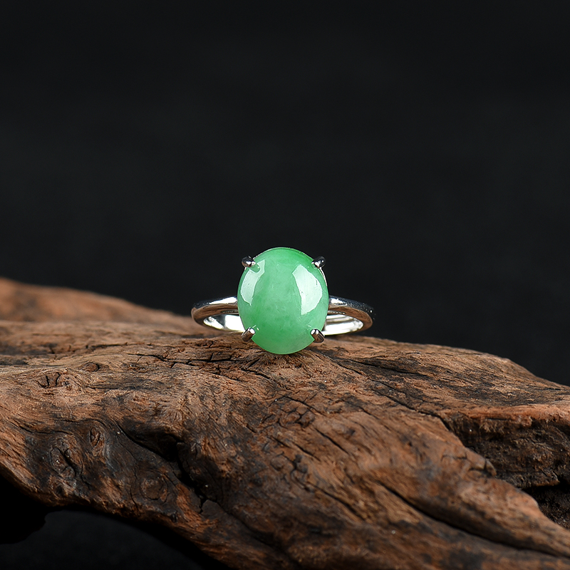 银镶豆种豆绿翡翠戒指-红掌柜