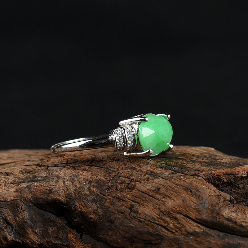 天然银镶糯种翠绿翡翠戒指-红掌柜