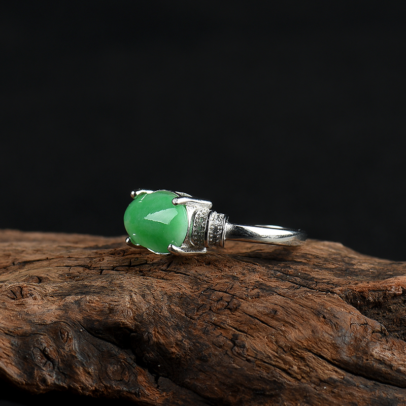 缅甸银镶糯种翠绿翡翠戒指-红掌柜