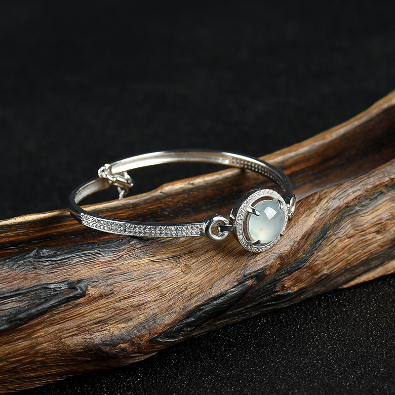 缅甸天然银镶糯冰种翡翠手镯-红掌柜