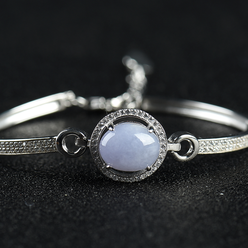 缅甸银镶糯种浅紫色翡翠手镯-红掌柜