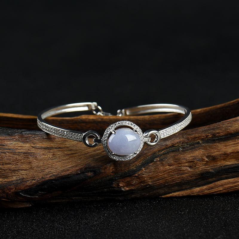 缅甸银镶糯种浅紫色翡翠手镯-红掌柜