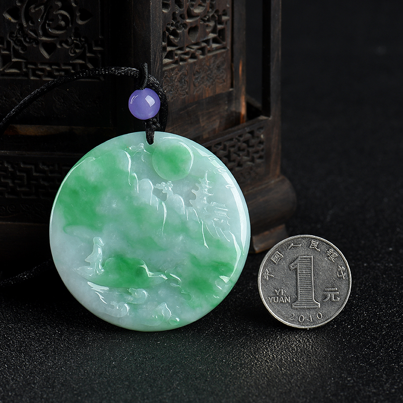 缅甸飘翠翡翠山水意境吊坠-红掌柜