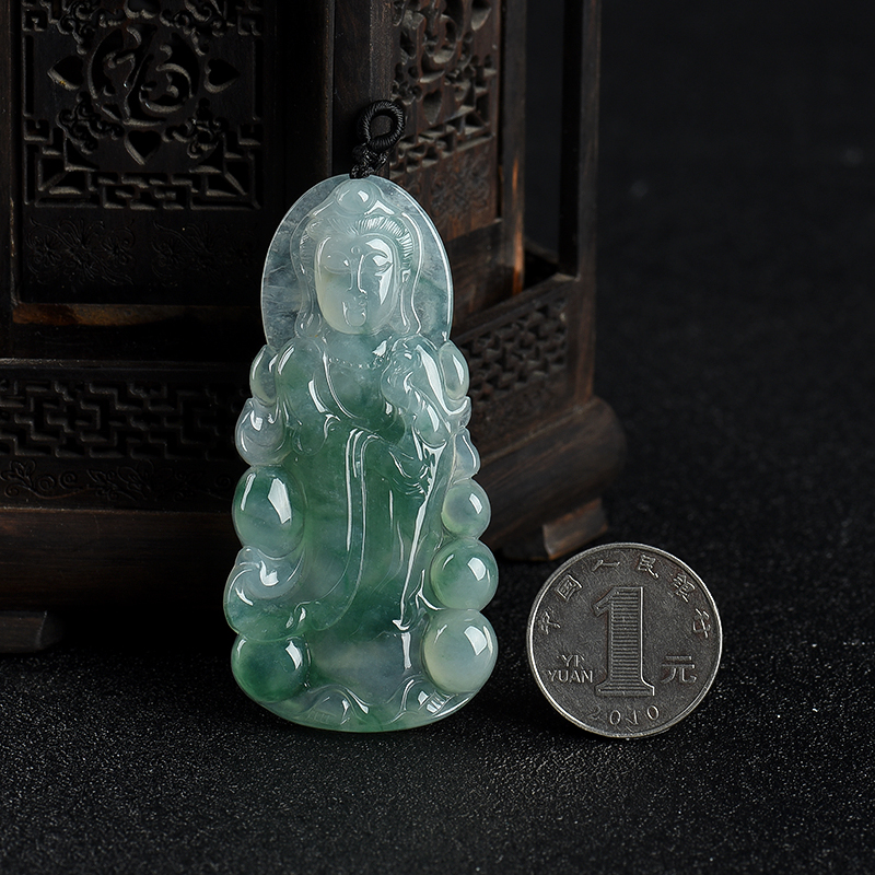 缅甸糯冰种飘花翡翠观音吊坠-红掌柜