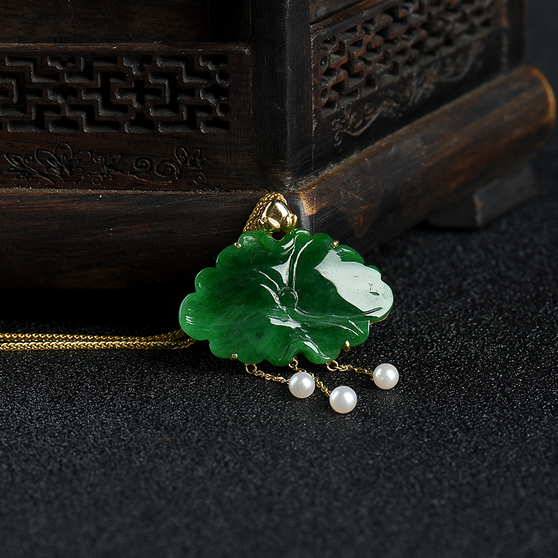 18K糯种深绿翡翠荷叶项链-红掌柜