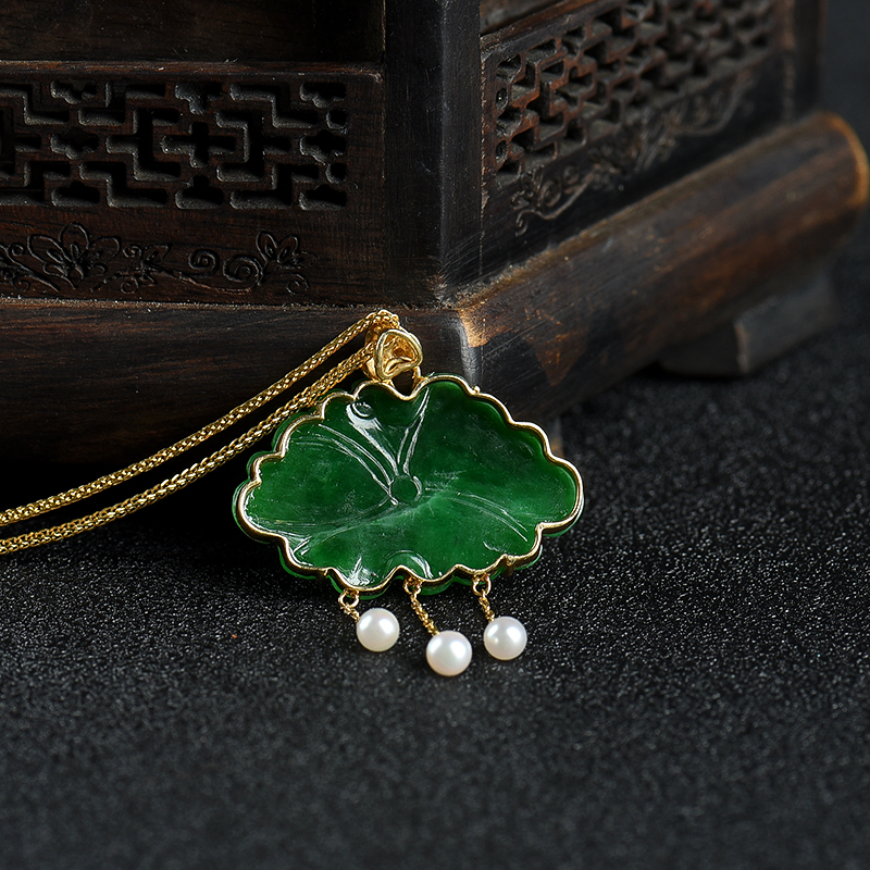 缅甸天然18K糯种深绿翡翠荷叶项链-红掌柜