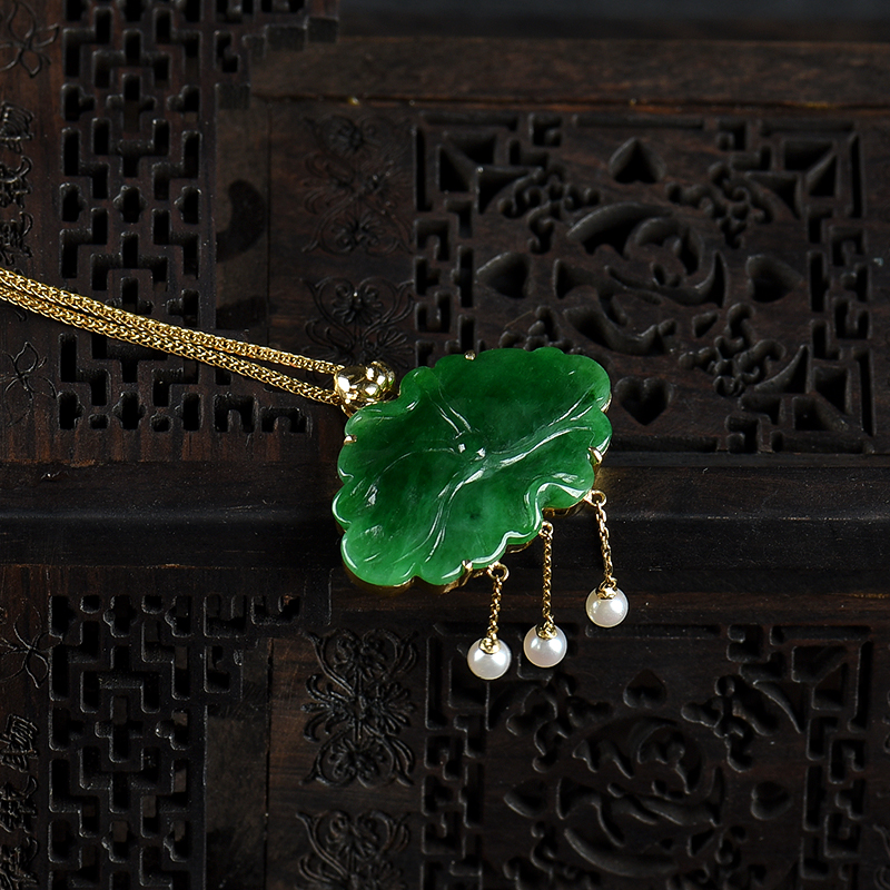 缅甸天然糯种翡翠荷叶项链-红掌柜