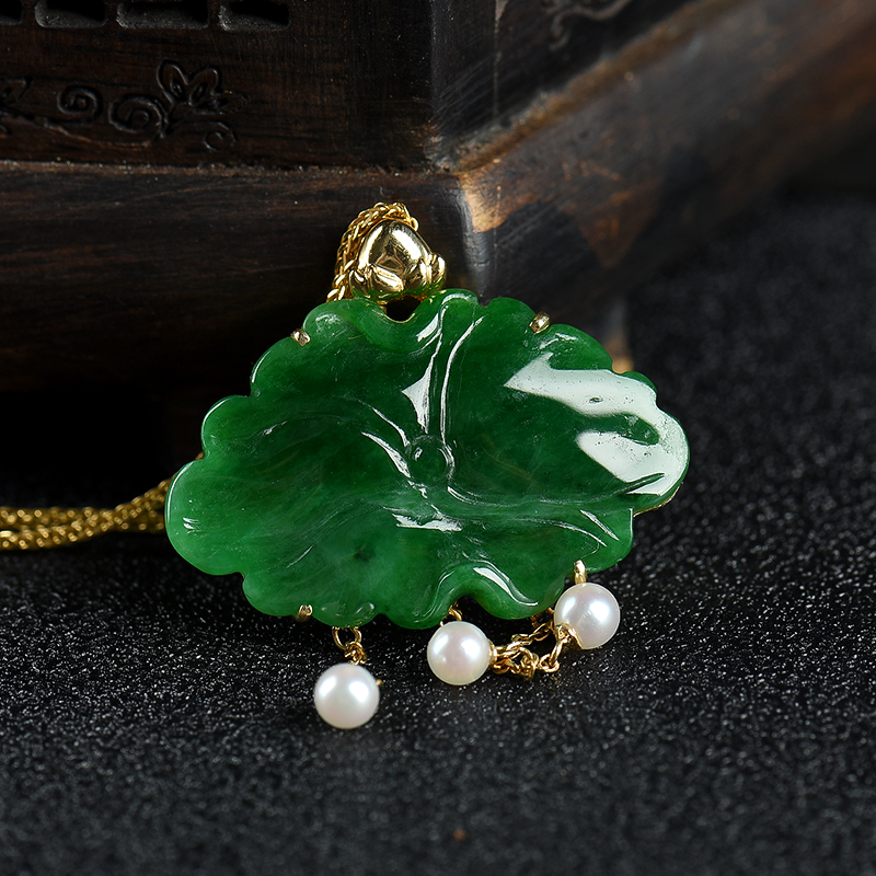 缅甸天然翡翠荷叶项链-红掌柜