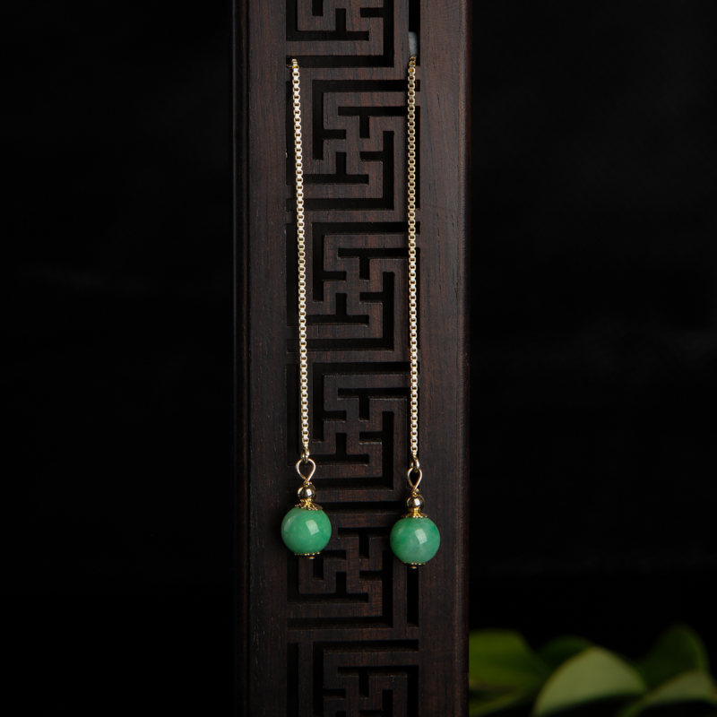 14K豆种豆绿翡翠耳坠-红掌柜