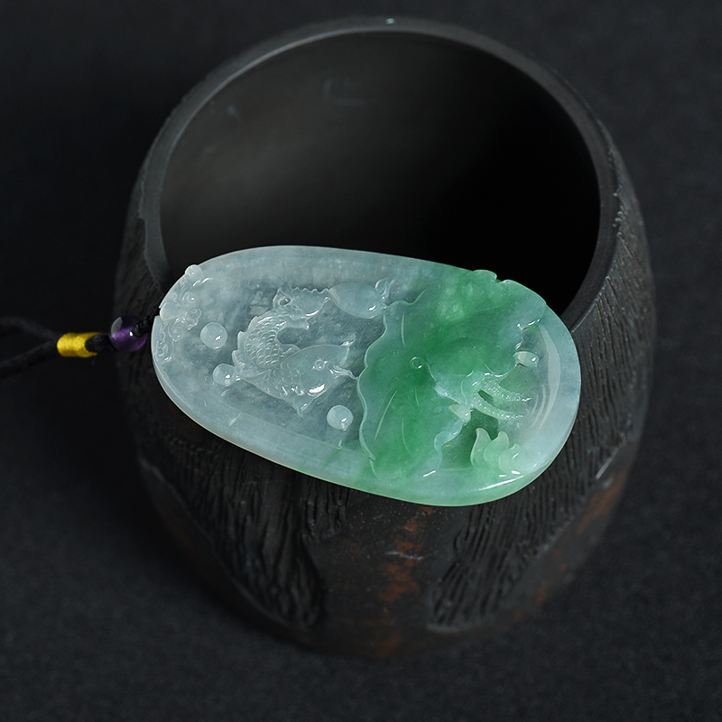 缅甸天然糯冰种翡翠年年有余吊坠-红掌柜