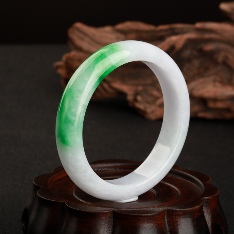 缅甸天然豆种飘翠翡翠手镯-红掌柜