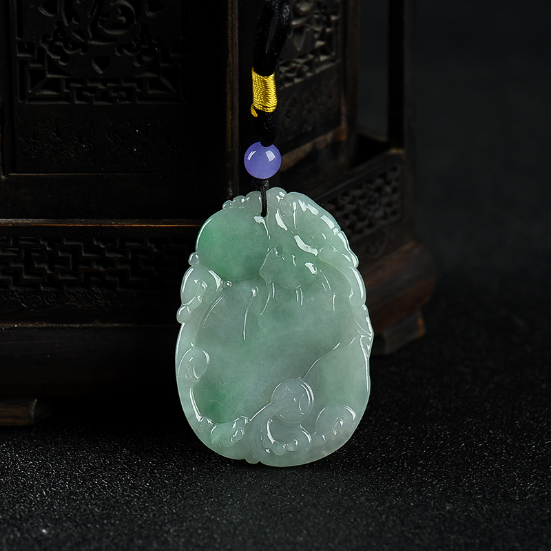 缅甸天然豆绿翡翠福寿如意吊坠-红掌柜