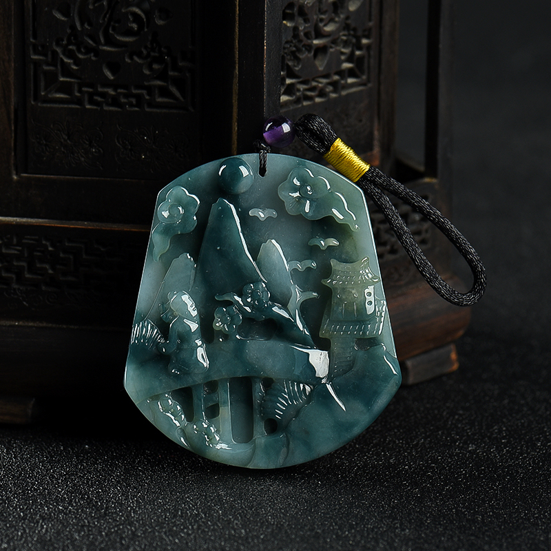 缅甸天然糯种飘花翡翠山水图吊坠-红掌柜