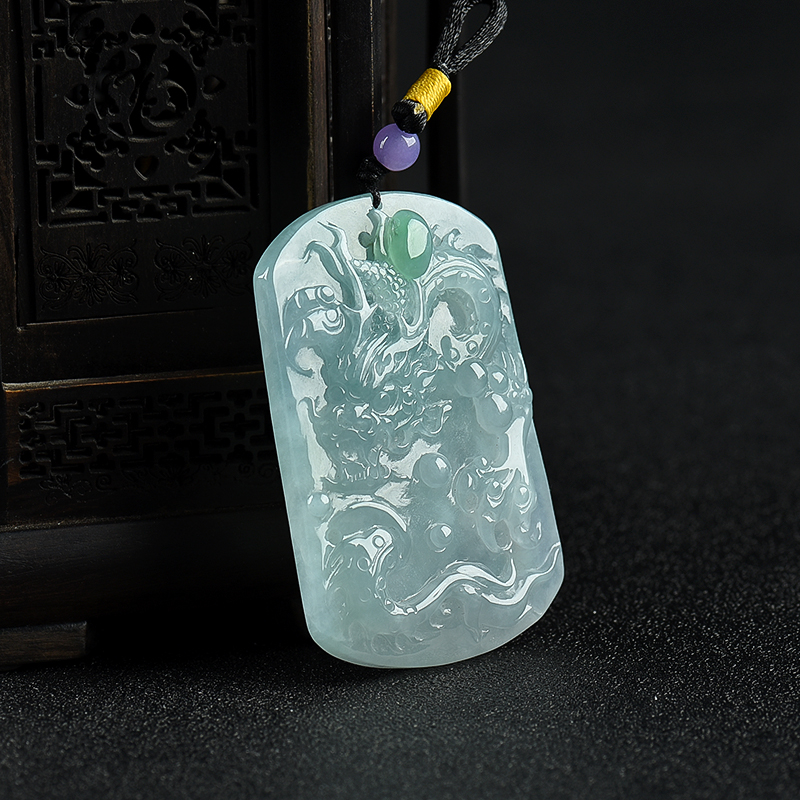 天然糯冰种蓝绿翡翠辰龙吊坠-红掌柜
