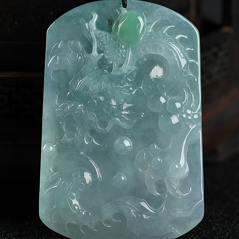 缅甸天然糯冰种蓝绿翡翠吊坠-红掌柜