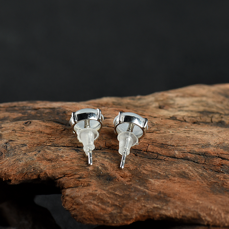 缅甸天然A货银镶糯冰种白色翡翠耳钉-红掌柜