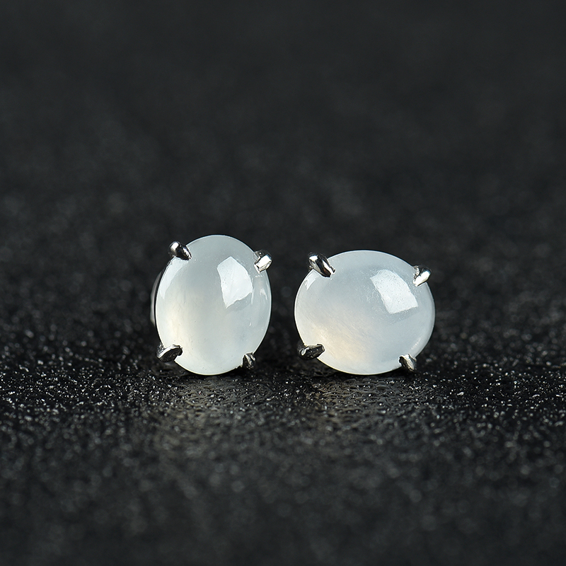 天然A货糯冰种白色翡翠耳钉-红掌柜