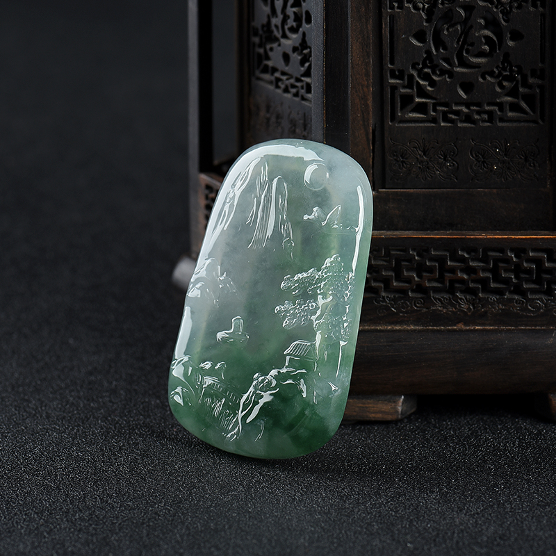 糯冰种翡翠山水意境牌吊坠-红掌柜