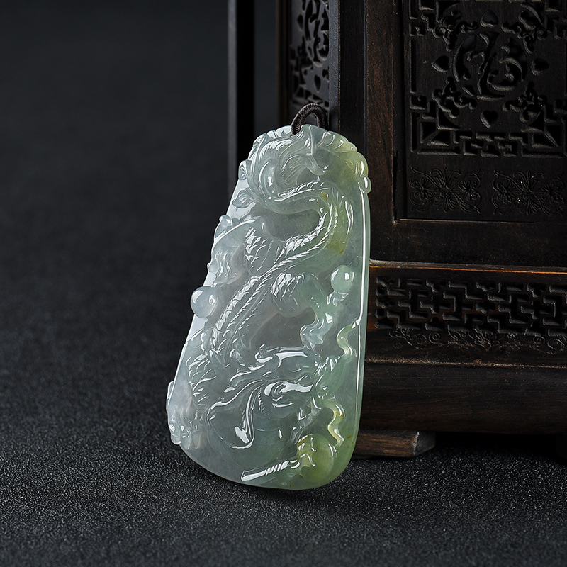 缅甸糯种俏色翡翠龙牌吊坠-红掌柜