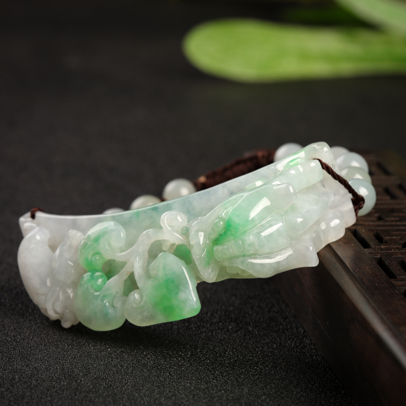 豆种飘翠翡翠貔貅手串-红掌柜