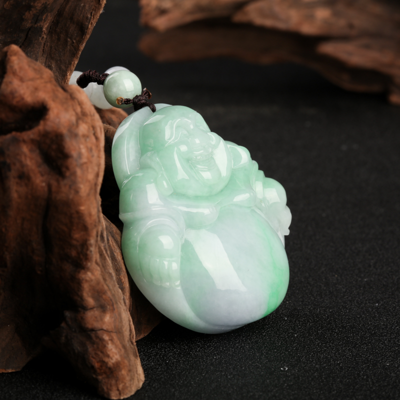 缅甸糯种飘翠翡翠弥勒佛吊坠-红掌柜
