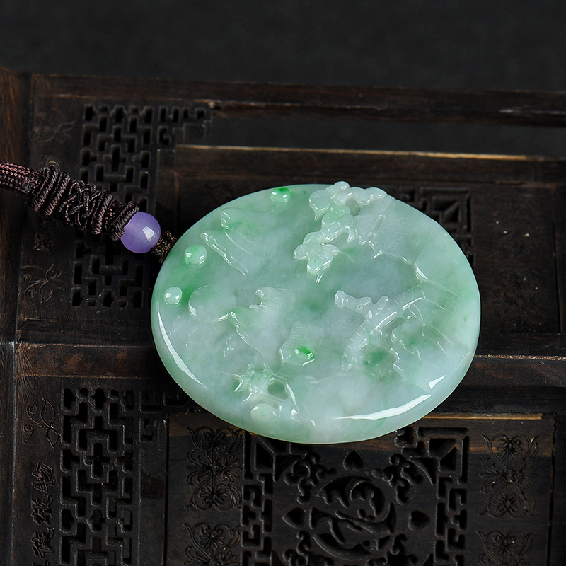 缅甸天然糯种翡翠山水图吊坠-红掌柜